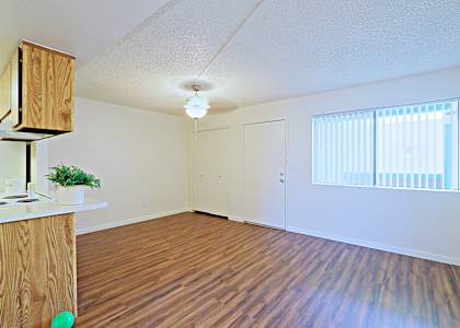a kitchen and living room in a 555 waverly unit