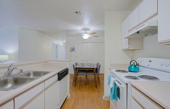 a kitchen with a stove and a sink and a table