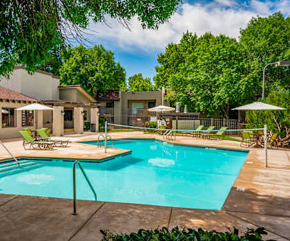 A swimming pool surrounded by trees and chairs.