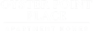 A black and white sign that says Oyster Point Place Apartment Homes.