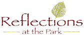 A logo with a leaf and the words "Reflections at the Park".