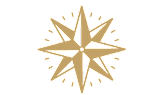 A gold compass rose with radiating lines and dots.