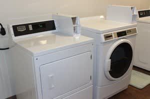 A white washing machine and dryer sitting next to each other.