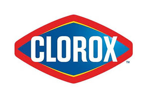 The image is of a logo with the word "CLOROX" written in white on a blue background with a red border.
