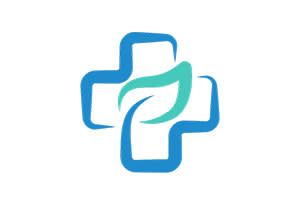 A blue cross with a green leaf in the center.
