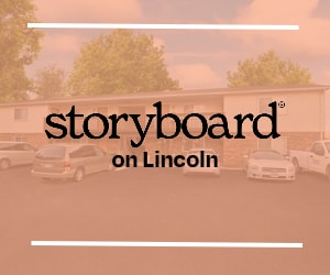 A logo for Storyboard on Lincoln is displayed over a background image of a parking lot.