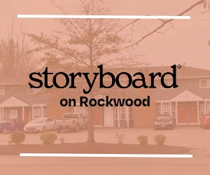 A residential area with houses and cars is shown with the text "storyboard on Rockwood".