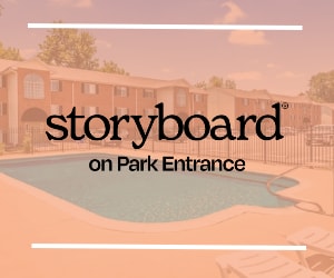 an image of a swimming pool in front of an apartment building