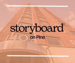 a tall building with the words storyboard on pine