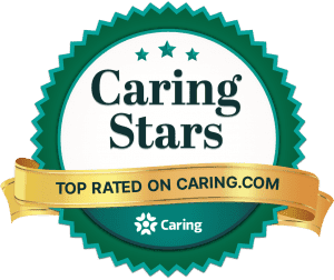A badge with the text "Caring Stars" and "Top Rated on Caring.com".