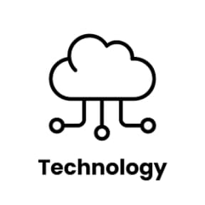 A black and white image of a cloud with the word Technology underneath it.