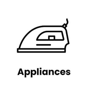 A black and white image of an iron with the word "appliances" underneath it.