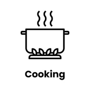 A pot on a stove with the word cooking written underneath.