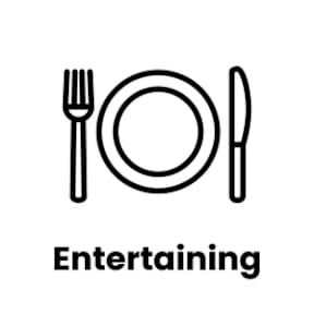 A plate with a fork and knife on either side and the word entertaining underneath.