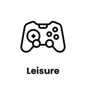 A black and white image of a video game controller with the word "Leisure" underneath it.