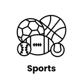 A black and white image of a soccer ball, basketball, baseball, and hockey puck with the word "Sports" written below.