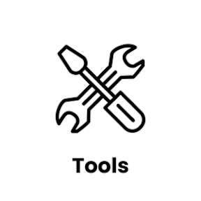 A black and white image of a wrench and a screwdriver crossed over each other with the word "Tools" written below.