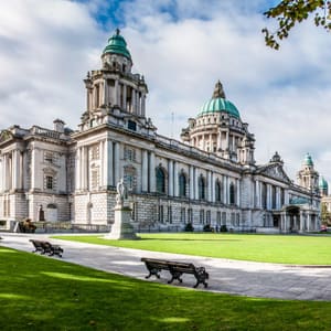A large, ornate building with a green dome sits in the middle of a grassy area.