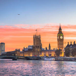 A beautiful sunset view of Big Ben and the Houses of Parliament in London.