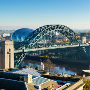 A bridge with a curved arch spans a river in a city.
