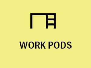 A yellow background with a black symbol and the words "WORK PODS" written below it.