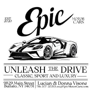 A black and white image of a sports car with the text "Epic Motor Cars" and "Unleash the Drive" above it.