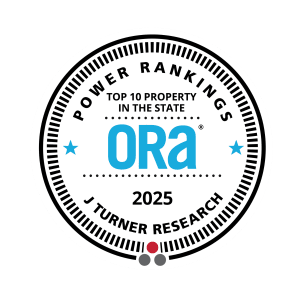 A badge indicating the top 10 property rankings in the state for the year 2025 by J Turner Research.
