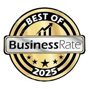 A gold and black emblem signifies the "Best of BusinessRate 2025".