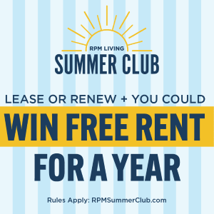 A poster advertises a chance to win free rent for a year.