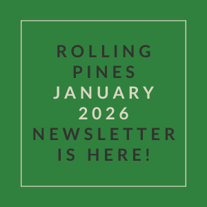 A green square with white text announcing the January 2026 Rolling Pines newsletter.