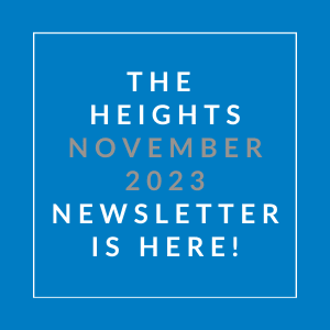a white box with a blue background and the words the heights november 23