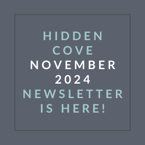 an illustration of a gray background with the words hidden cove november 2024 newsletter