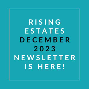 an aqua background with the words rising estates december 23 23 newsletter is here