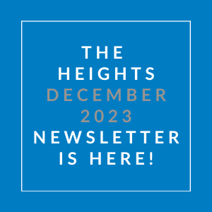 a white box with a blue background and the words the heights december 23 23
