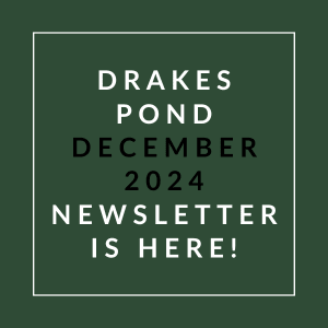 white text on a green background saying drakes pond december 2024 newsletter is here