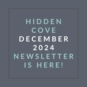 A grayscale image announcing the Hidden Cove December 2024 newsletter.