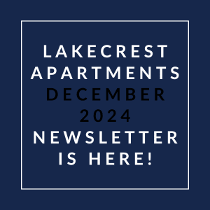 The image announces the availability of the Lakecrest Apartments December 2024 Newsletter.