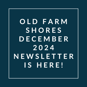 a white frame on a blue background with the words old farm shores december 2024