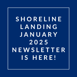 A blue square with white text announcing the Shoreline Landing January 2025 newsletter.