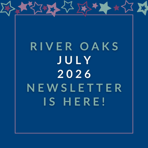 A purple newsletter cover for River Oaks March 2025.