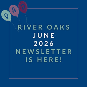 A purple newsletter cover for River Oaks in February 2025.