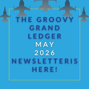 The image announces the availability of the Groovy Grand Ledger April 2025 newsletter.