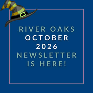 A purple newsletter cover for River Oaks March 2025.