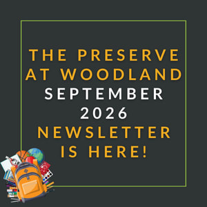 The image announces the availability of the Preserve at Woodland's July 2025 newsletter.