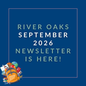A purple newsletter cover for River Oaks in February 2025.