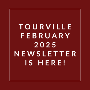 A red square with white text announcing the Tourville February 2025 newsletter.