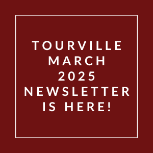 A red square with white text announcing the Tourville March 2025 newsletter.