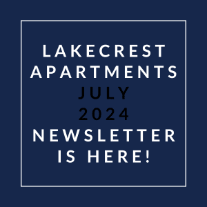 a blue background with a white outline of a house and the words lake crest apartments july
