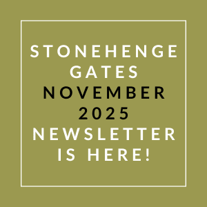 The image is promoting the Stonehenge Gates November 2025 newsletter.