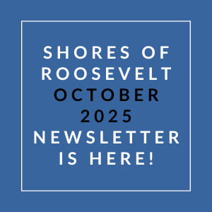 A blue square with white text announcing the Shores of Roosevelt October 2025 newsletter.